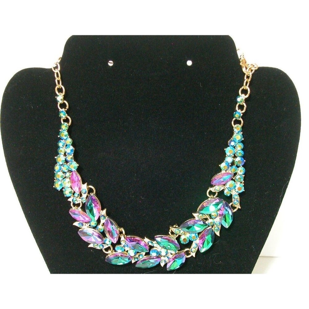 Vintage Style Gold-Tone Necklace With Multicolor Iridescent Rhinestones & Leaf D
